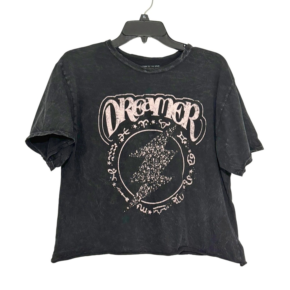 Caution to the Wind Dreamer Graphic Tee Black Mineral Wash Crop Top Medium Stars